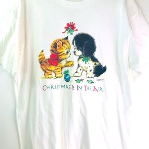 Christmas t shirt kitten puppy dog mistletoe kiss NEW Unisex Size L